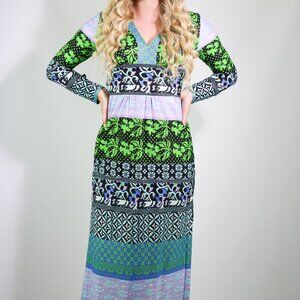 True Vintage 1970's Purple & Green Maxi Dress